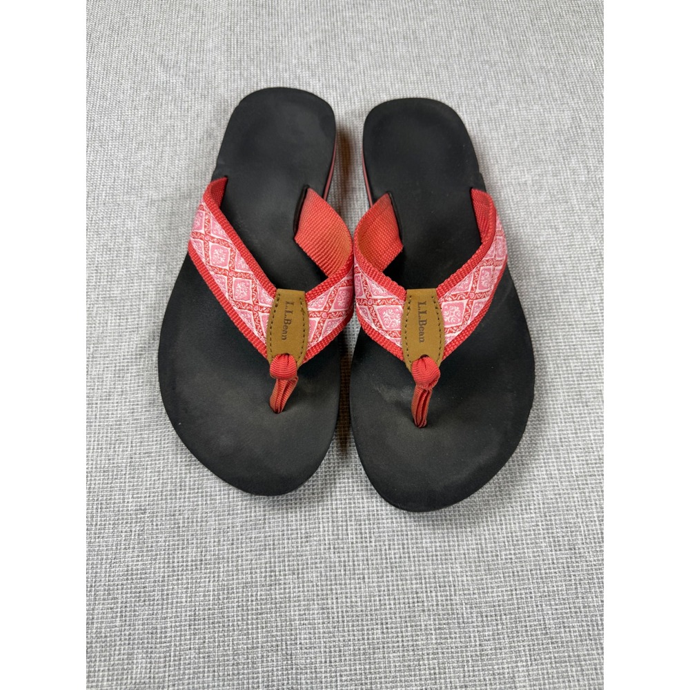 LL Bean Womens Size 9 Red Pink Geometric Webbed Strap Flip Flop Sandals 254888